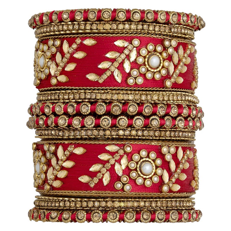 Aheli Traditional Wedding Designer Silk Thread Faux Stone Studded Bridal Bangle Set Chuda Indian Ethnic Bollywood Fashion Jewelry Gift for Women (Red) - Image 1